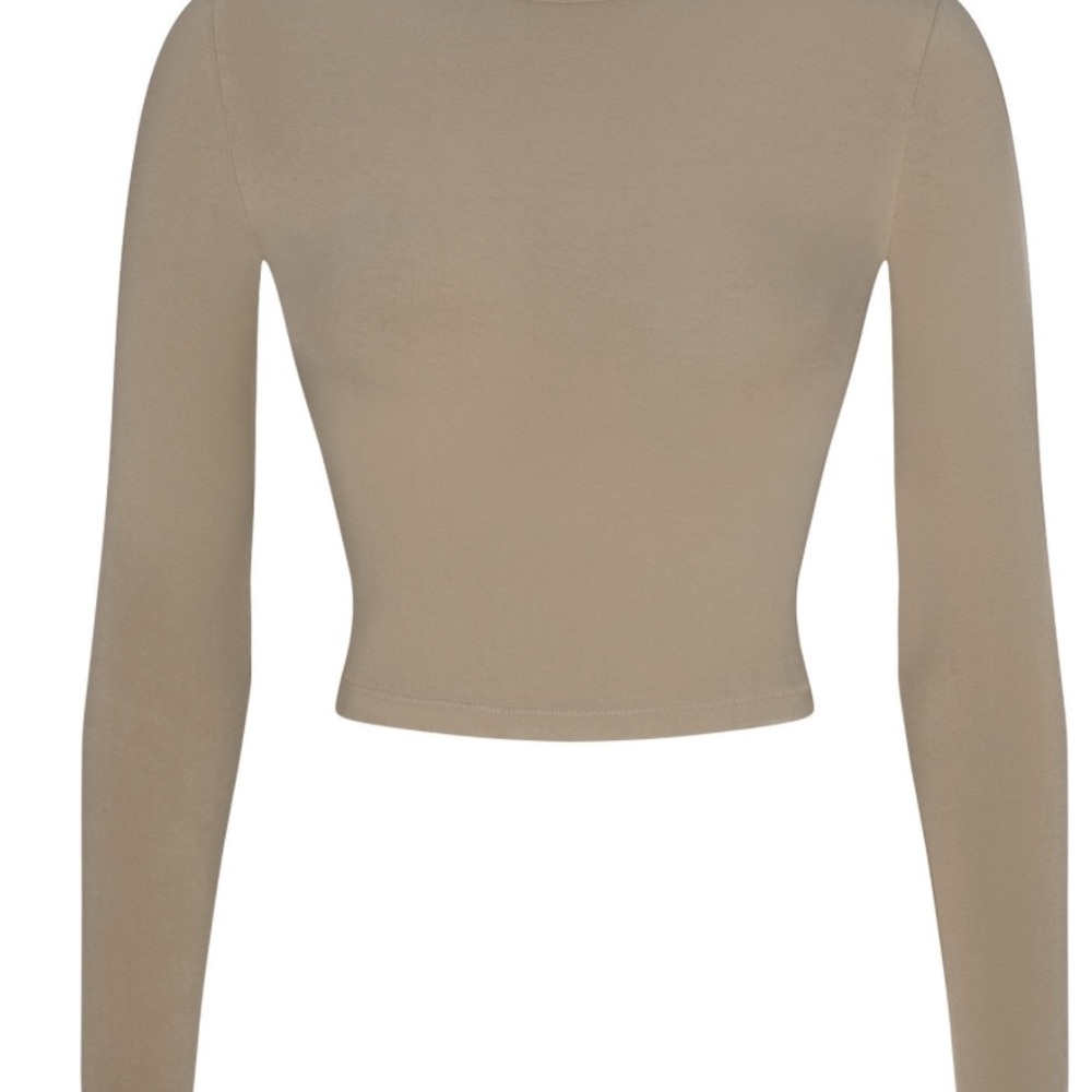 Tan Fitted Crop Long Sleeve Bodysuit